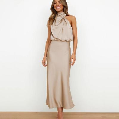 Women Summer Evening Dress Sleeveless Elegant Halter A-Line High Waist Long Dresses Solid Color