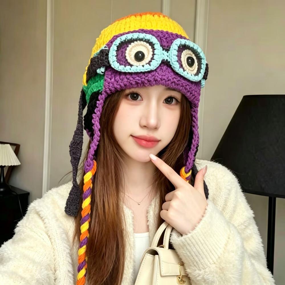 Windproof Knitted Beanie Crocheted Earflap Cap Casual Winter Pilot Hat With Goggles  Cycling