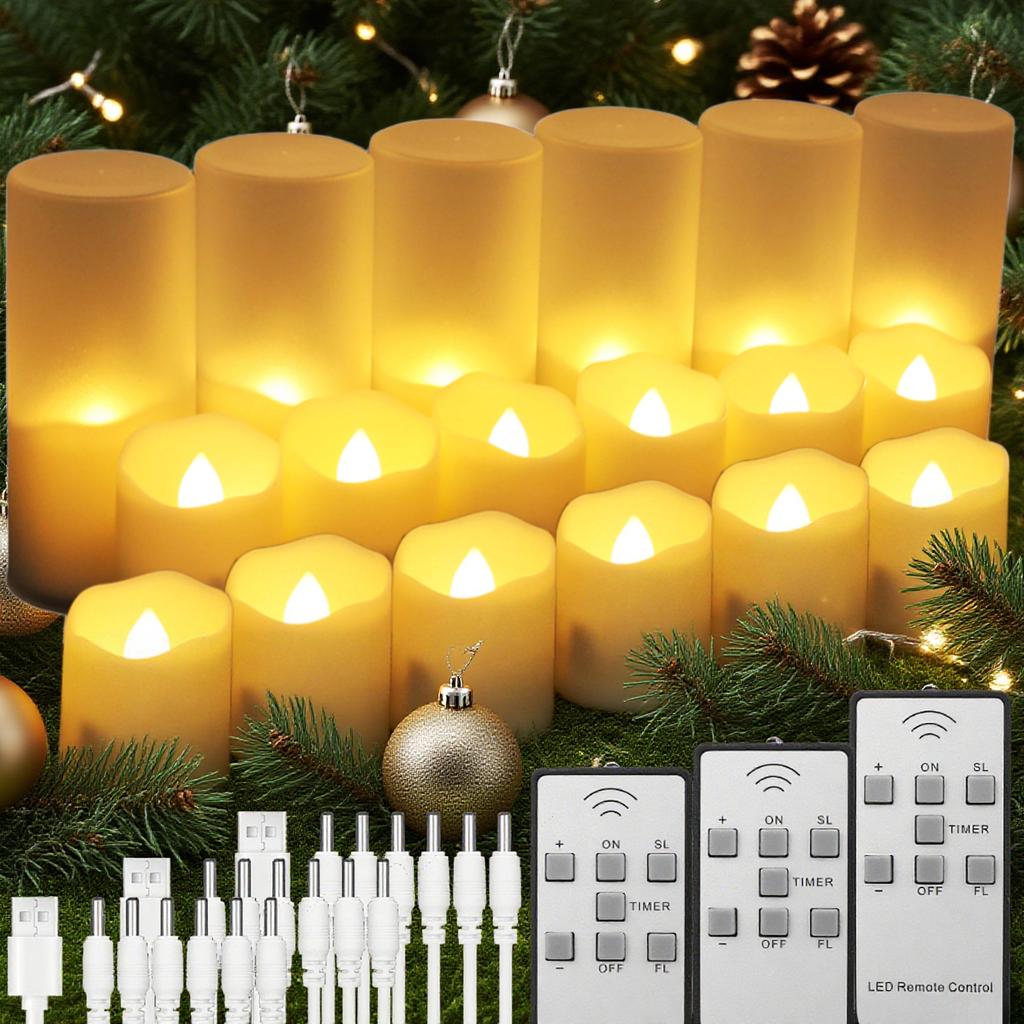 Rechargeable Flameless Votive Candles with Timer Remote Flickering LED Tea Lights with USB Charging Cable Electric Xmas Candles