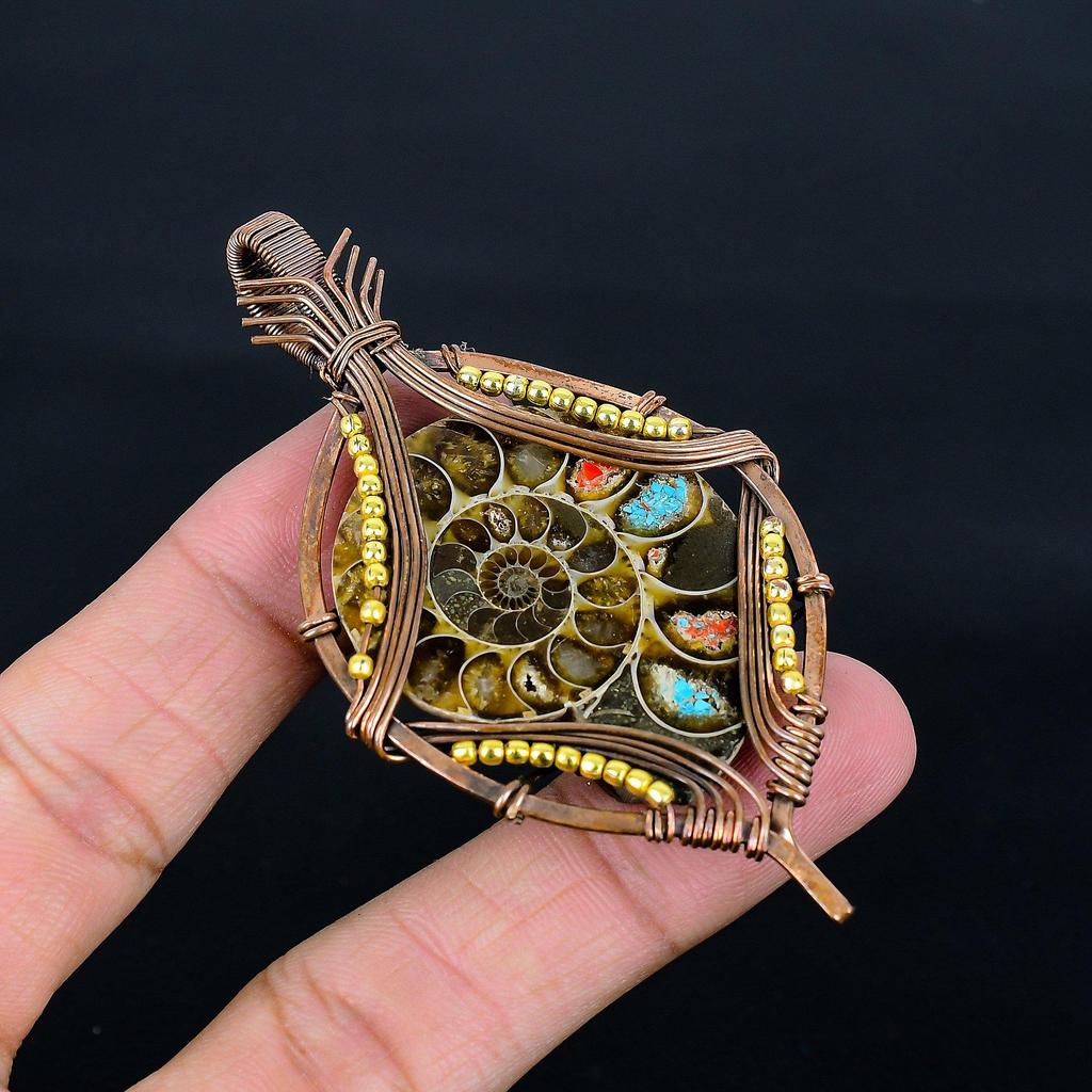 Ammonite Fossil 999 Copper Wire Wrapped Pendant, Handmade Gemstone Jewelry Pendant For Memorial Day