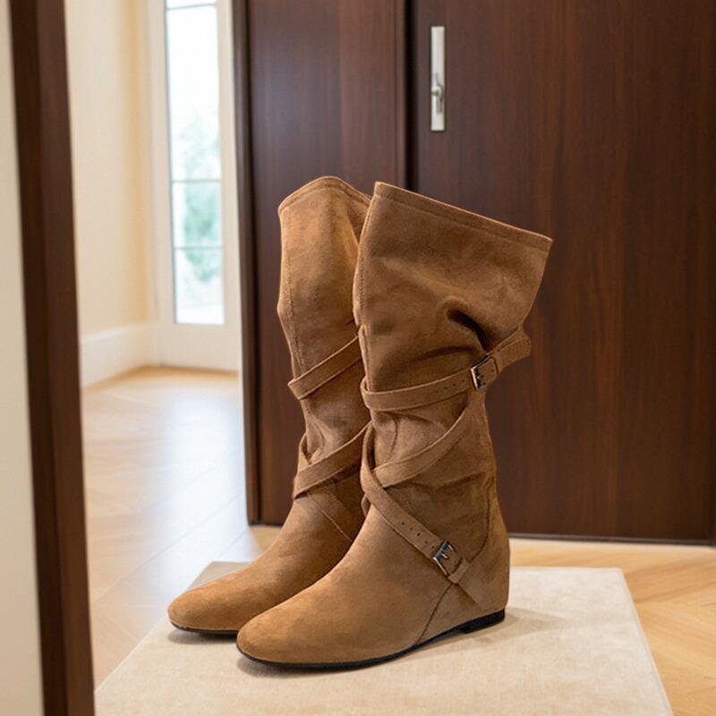 Inner heightening boots women's 2025 new autumn retro versatile stacking boots belt buckle slim tall knight boots