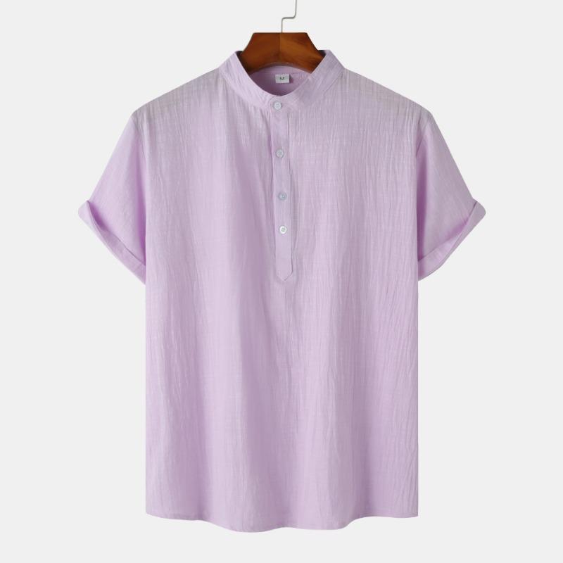 Summer Men's Cotton Linen Stand Collar Casual Short Sleeved Shirt Beach T-shirt Shirt Men's Clothing