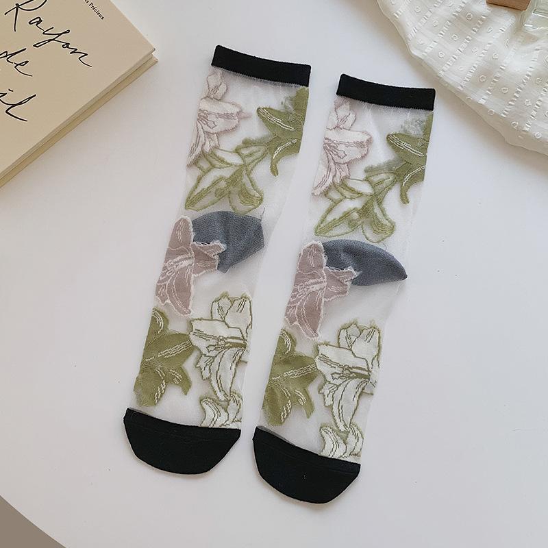 Spring/Summer Ultra Thin Vintage Crystal Silk Stockings for Women Socks for Women Mid-tube Stockings Breathable Cotton Sole Glass Silk Stockings