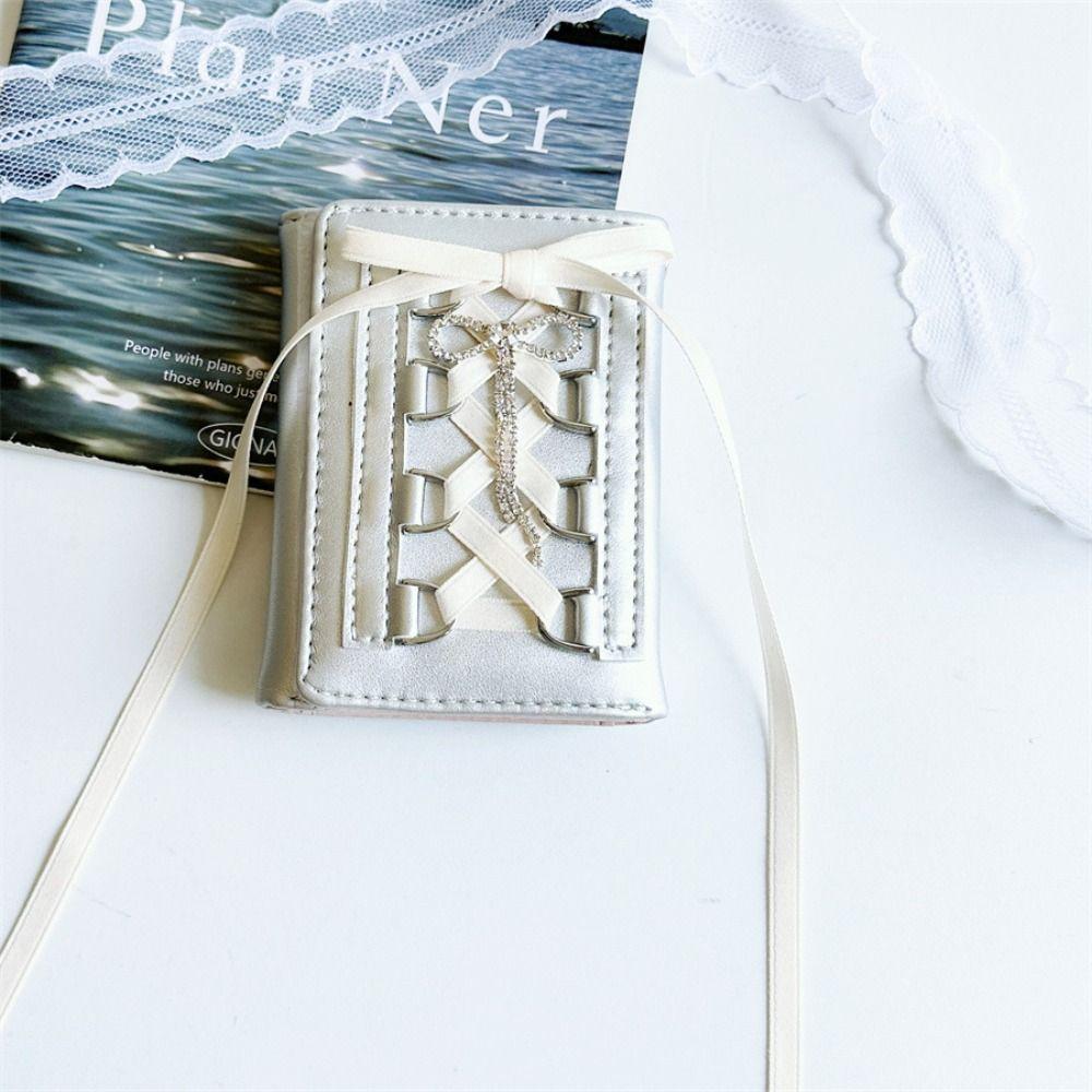 Korean Style Balletcore Pocket Purse Wallet Crystal Crossover Strap Three Fold Wallets  Girls