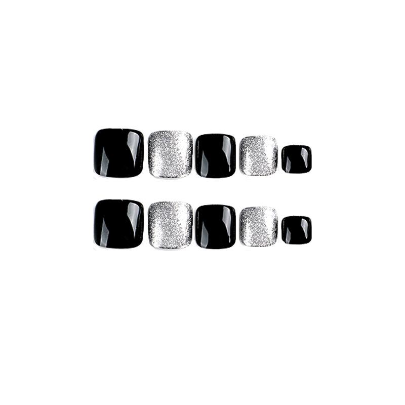 24Pcs/Set Quick Nails Short Black Toenails With Silver Glitter False Nials Sticker Wearable Waterproof Manicure Finished Nails