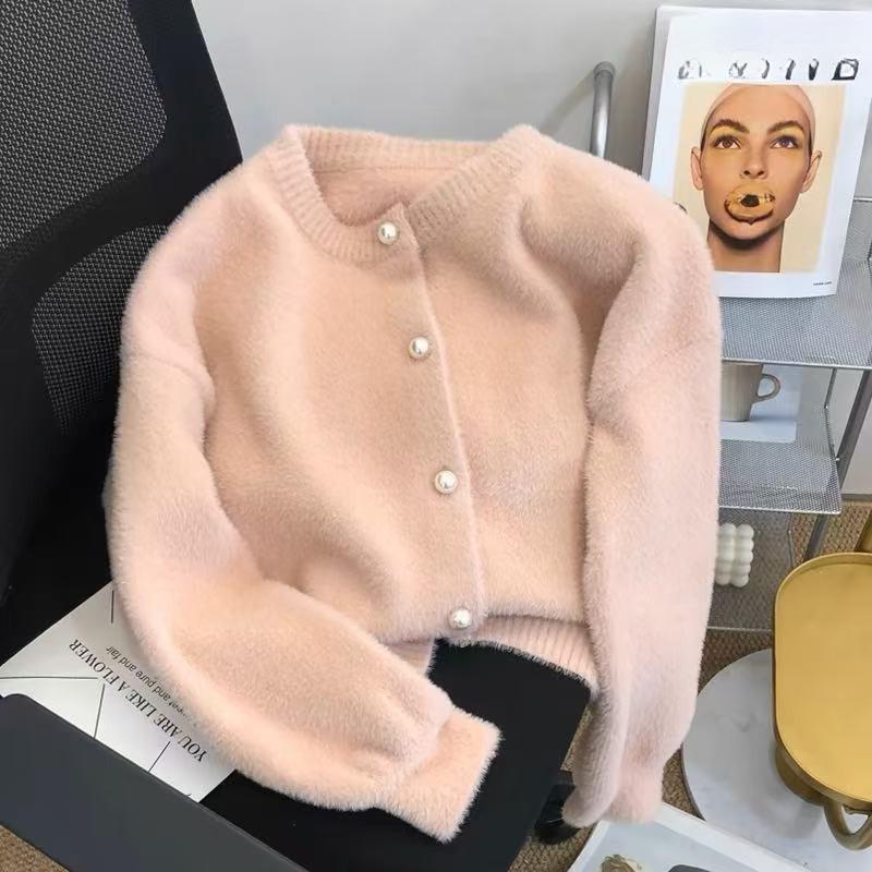 Autumn Winter Mint Green Faux Mink Plush Sweater Cardigan Women Designer Niche Lazy Knit Top