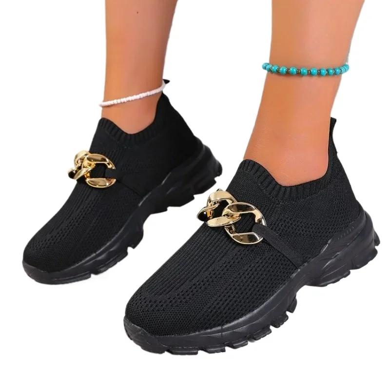 2025 New Comfortable Sneakers Flats Slip-on Women's Vulcanize Shoes Fashion Metal Decoration Outdoor Casual Breathable Sneakers