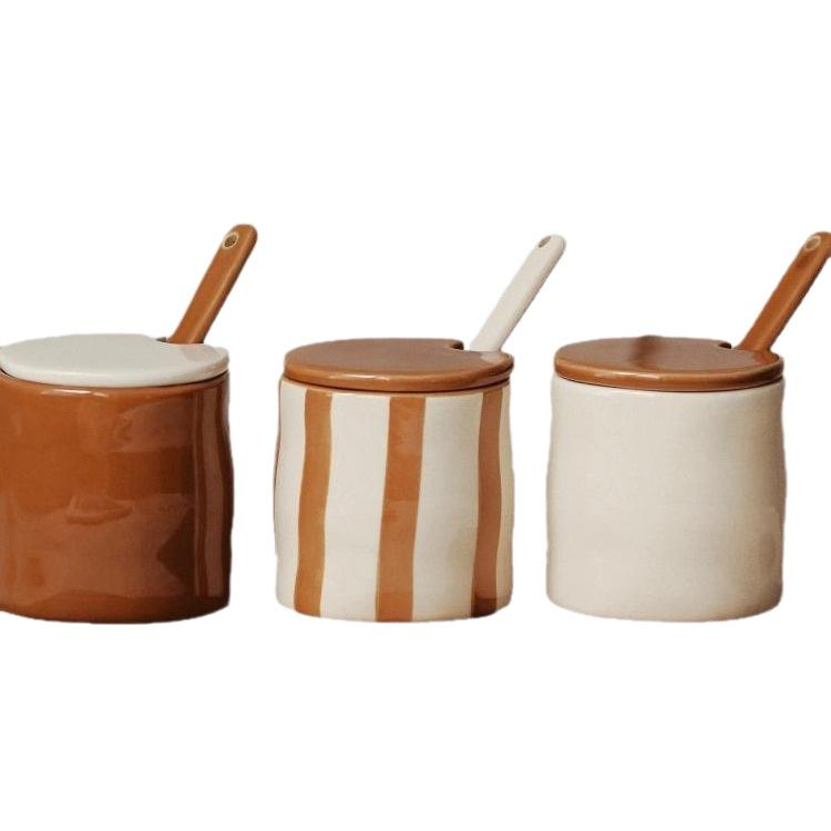 Vintage Ceramic Striped Hand Painted Spice Jars Set with Spoon Kitchen Storage Containers