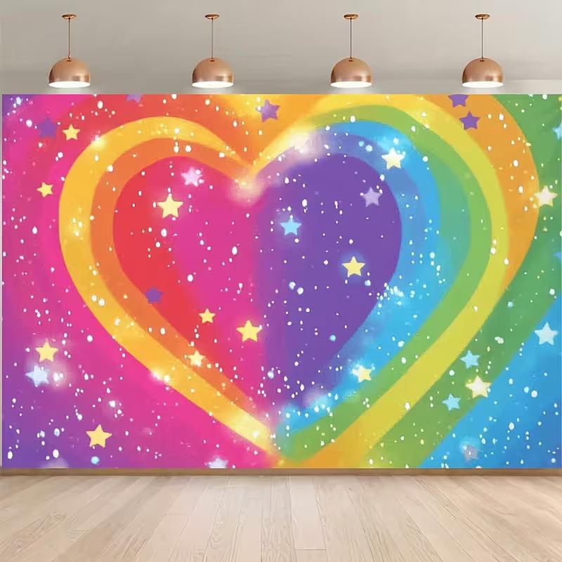

2D Whimsical Rainbow Heart Backdrop Starry Sparkles Studio Photography Background 47.2x31.5inch/120*80cm
