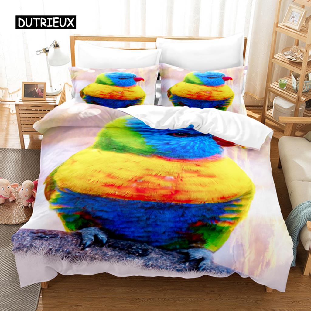 3D Parrot Duvet Cover Set Microfiber Bedding with Pillowcase King Queen Twin Luxury Animal Print Quilt Cover