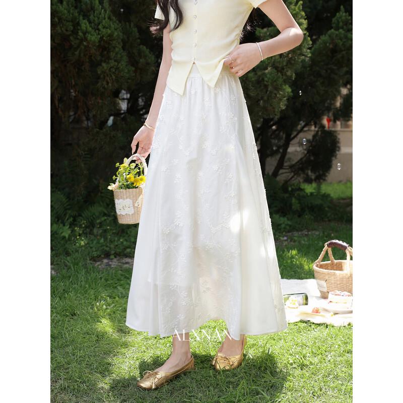 Elegant White Floral A-Line Midi Skirt M
