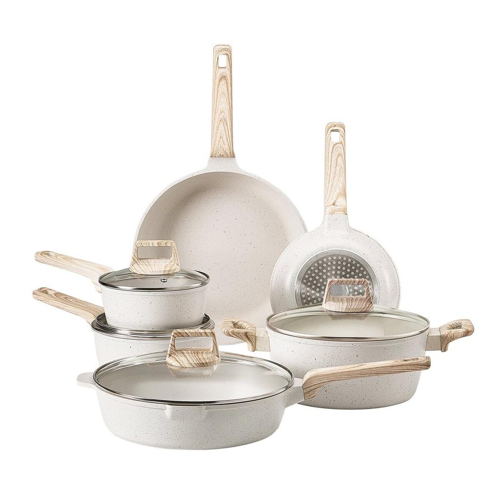17 Piece Pots and Pans Set, Granite Nonstick Cookware Set, Induction Cookwares, Kitchen RV Cooking Sets with Frying, Sauce, Saute, Tempered Glass