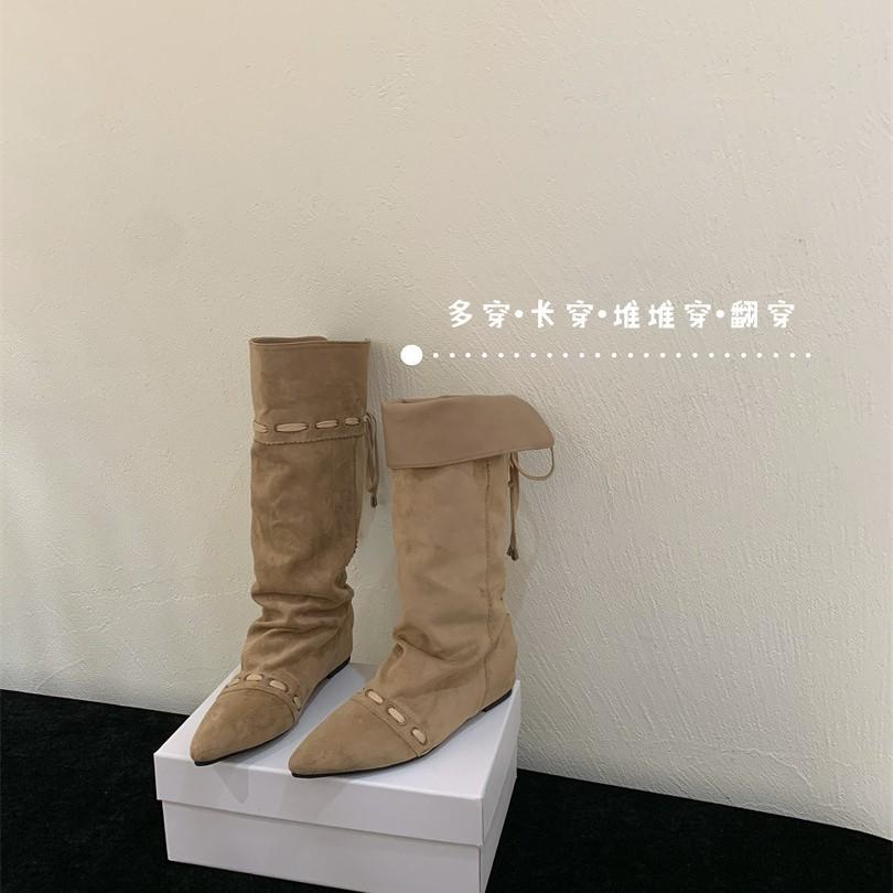 Retro inner pointed high boots, new string straps, versatile pleated thin boots, folded and two stacked boots