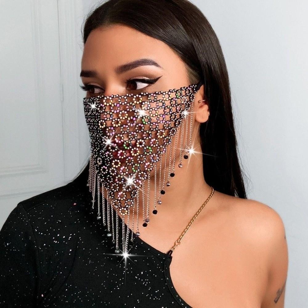 Tassel Face Cover Fishing Net Masquerade Mask Delicate Rhinestone Mask  Dance Party