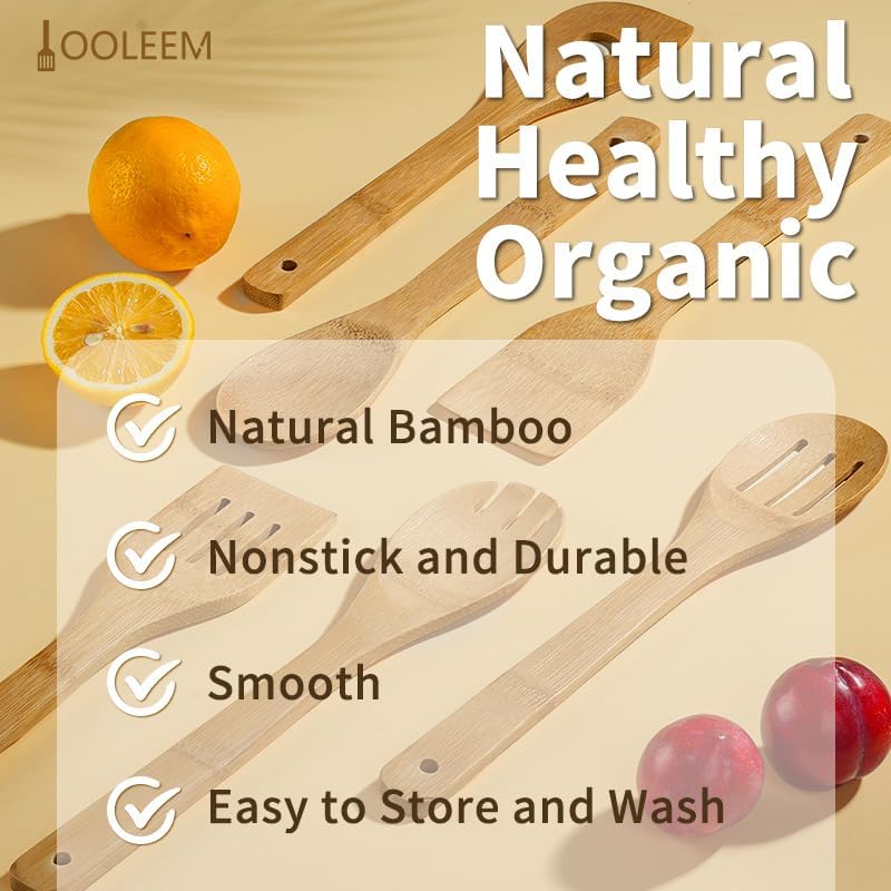 IOOLEEM Bamboo Wooden Spoons for Cooking 6 Pcs 12 Inch, Non-Stick Wooden Kitchen Utensils Set, Natural and Durable Wooden Spatula Spoons for