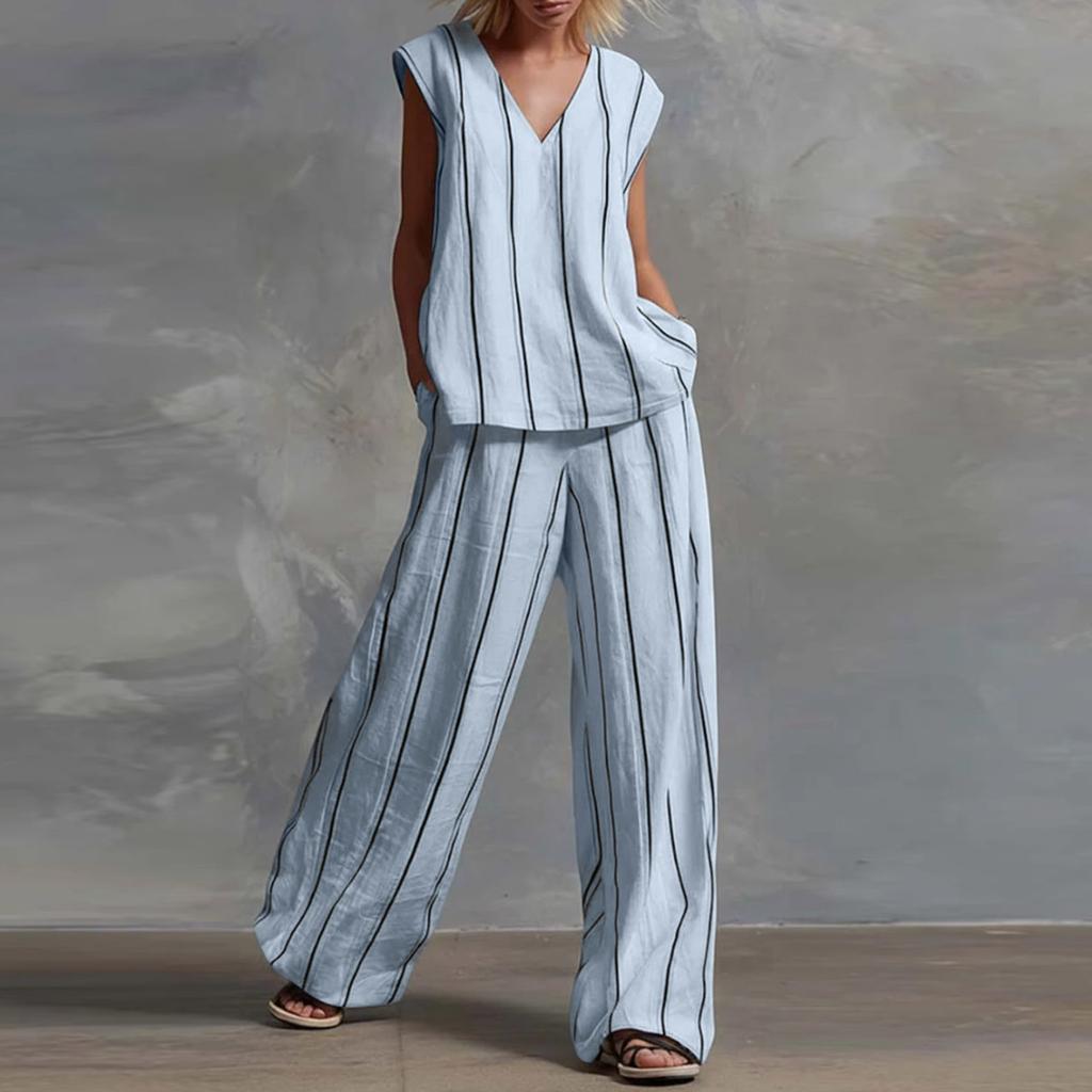 Ladies' Fashionable Casual V-neck Striped Top And Casual Pants Two-piece Set