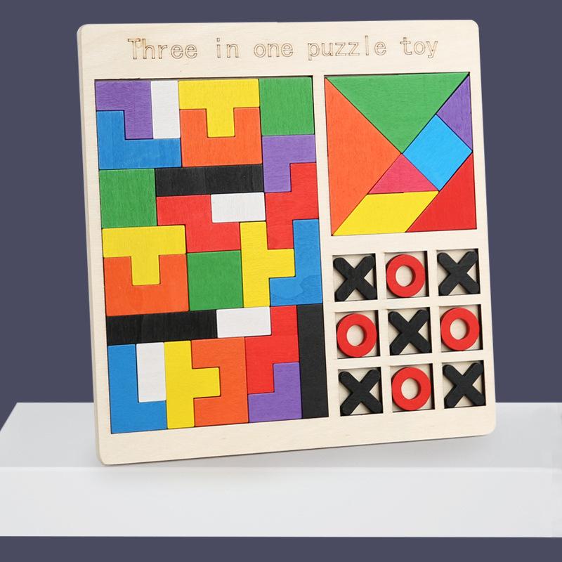 Wooden Children's Puzzle Tetris Tangram Game Chess Three-in-one Puzzle Building Block Early Education Toy Building Block