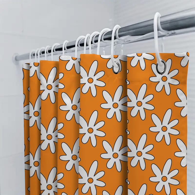 Orange Shower Curtain With White Flower Pattern: Waterproof Bathroom Decor For Kids' Bathrooms Or Master Baths Polyester Fabric,