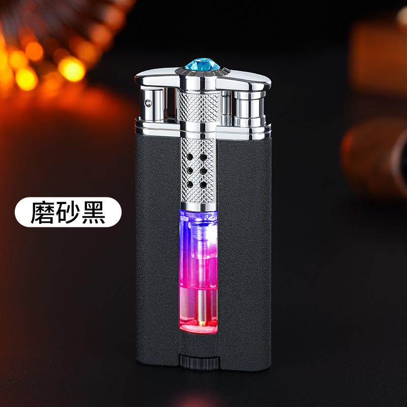 Windproof Diamond Studded Straight Forward Lighter Blue Flame Inflatable Lighter with Visible Gas LED Light Gift for Boys