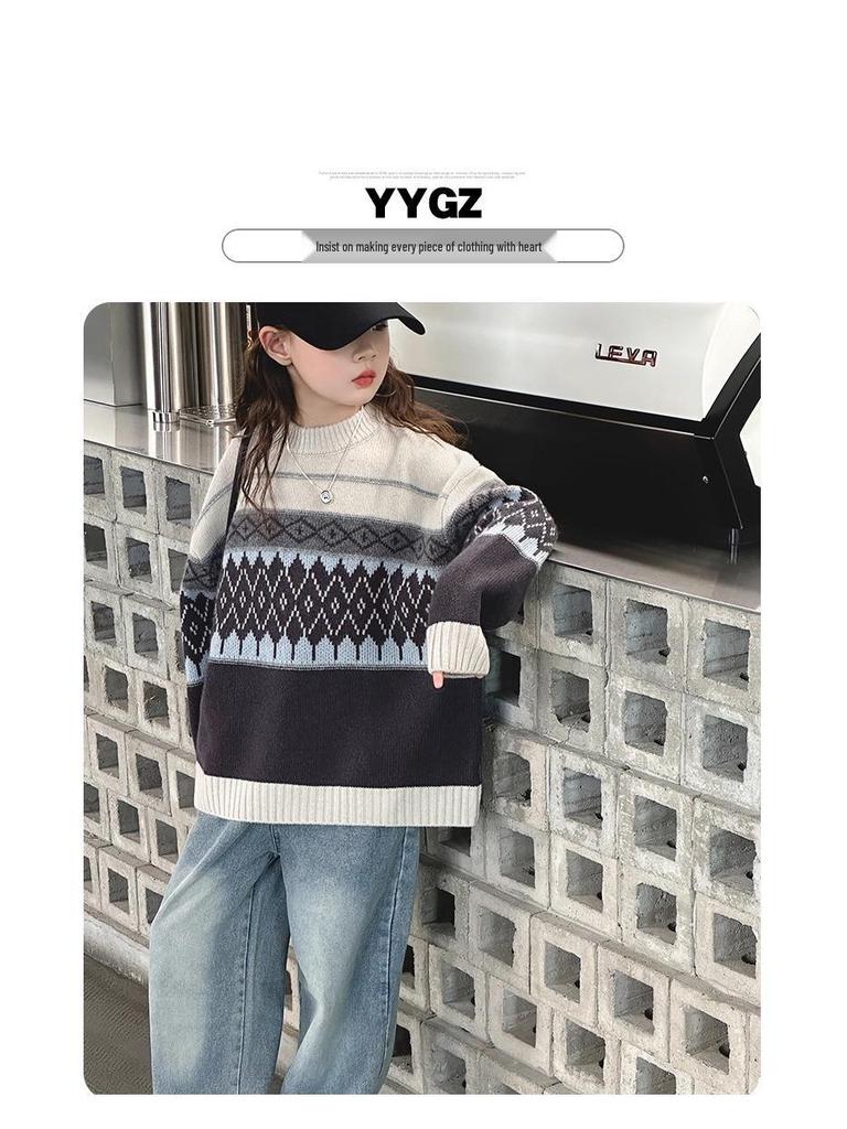Girls' Diamond Knit Sweater - Korean Style Pullover for Older Children, Autumn/Winter 2025