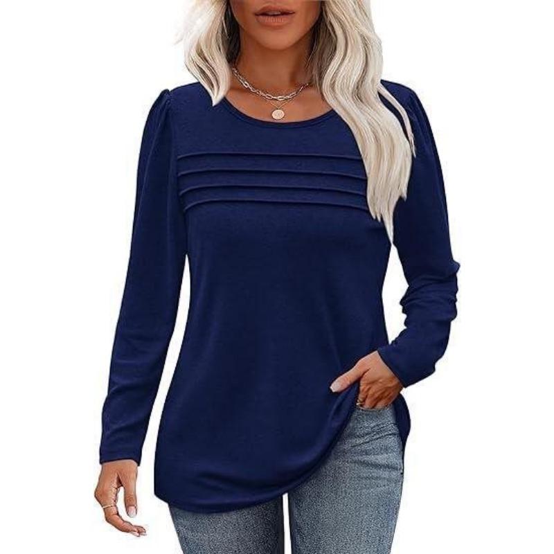 Women's Spring and Autumn Solid Color Loose Round Neck Pleated Long Sleeve Top