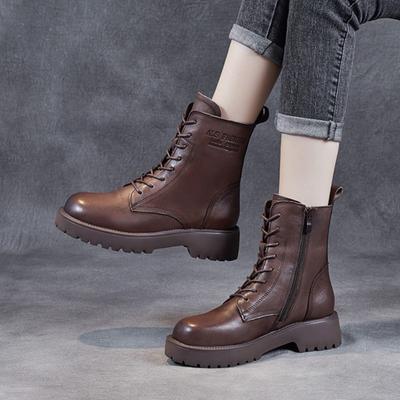 Stivali corti con suola spessa in vera pelle retrò a metà polpaccio comodi stivali da donna