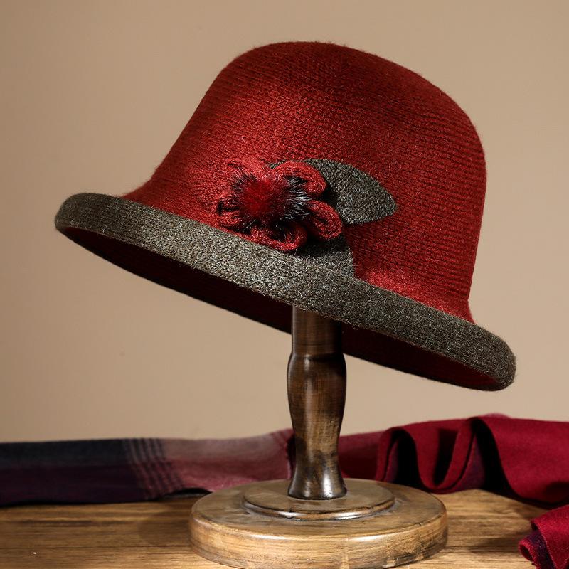 Elderly autumn and winter thermal basin hat fashionable lady mother hat curled granny wool top hat bucket hat