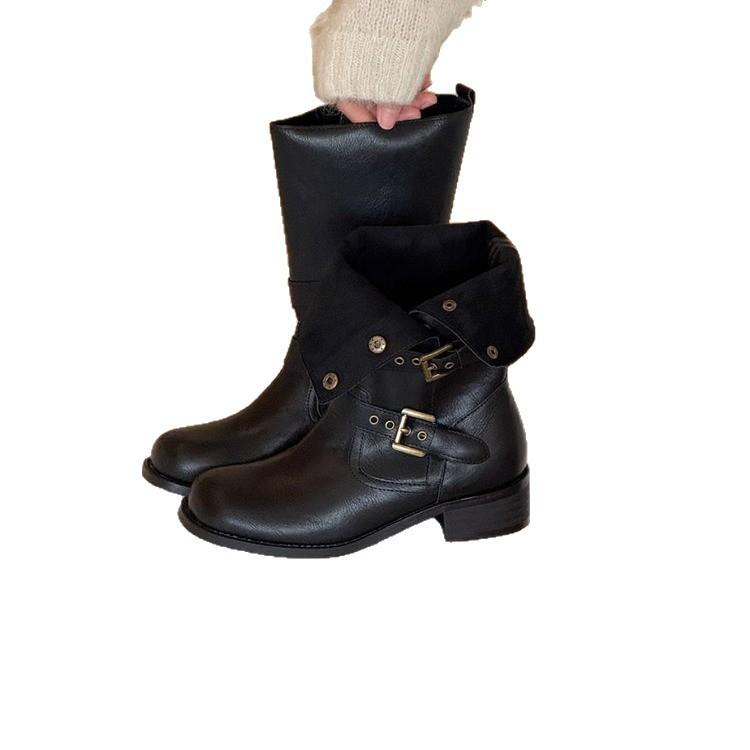 Ruodan Coarse Heel Western Cowboy Boots High Heel Medium Boots 2025 Winter New Versatile Martin Boots Maillard Style