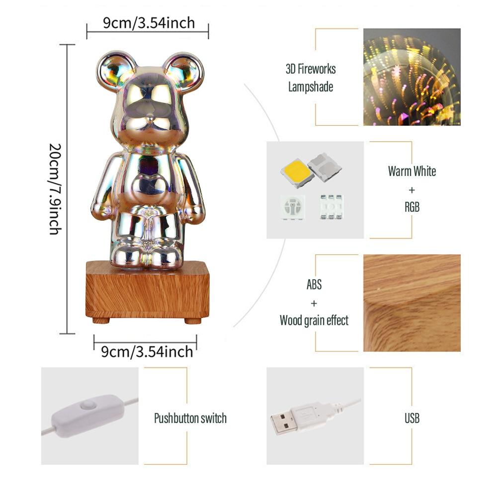 LED 3D Bear Fireworks Night Light USB Projector Light Color Changing Environment Light Suitable for Children's Room Bedroom Decoration New Year Gift