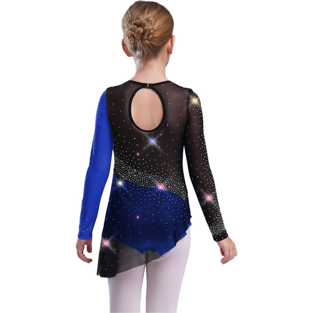 Girls Gymnastics Costume Long Sleeve Sheer Mesh Design Patchwork Sparkling Rhinestones Color Block Leotard