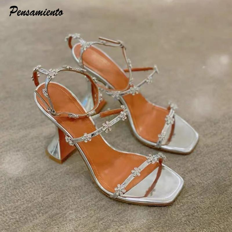 Fashion Luxury Crystal Flowers Women Sandals Fashion Ankle Strap Buckle High heels Gladiator sandals Elegant Summer Wedding Prom Shoes