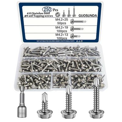 410 Stainless Steel Outer Hexagon Drill Tail Screw Set Steel Plate Dovetail 250Pcs Boxed Self-drilling and Self-tapping Screws