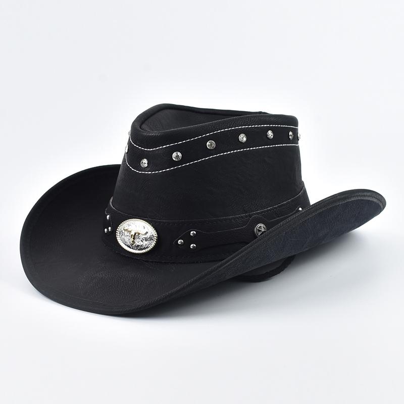 

New 100% Leather Western Cowboy Hat Bull Shaped Decor Panama Hats For Men Travel Knight Country Hat Sombrero Hombre 58 чёрный