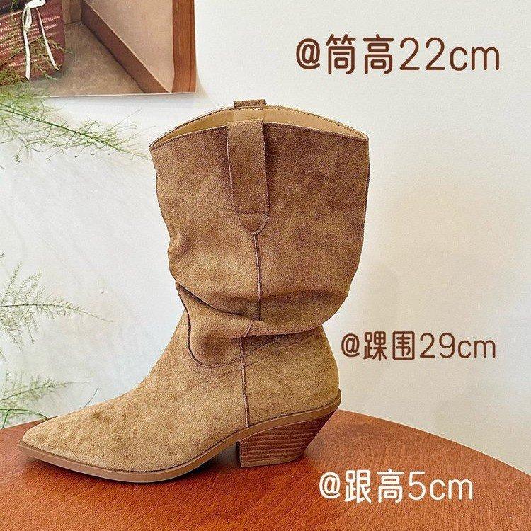 Cowhide version! Pointed thick heel stacked boots medium boots 2025 autumn and winter brown short boots but knee small boots