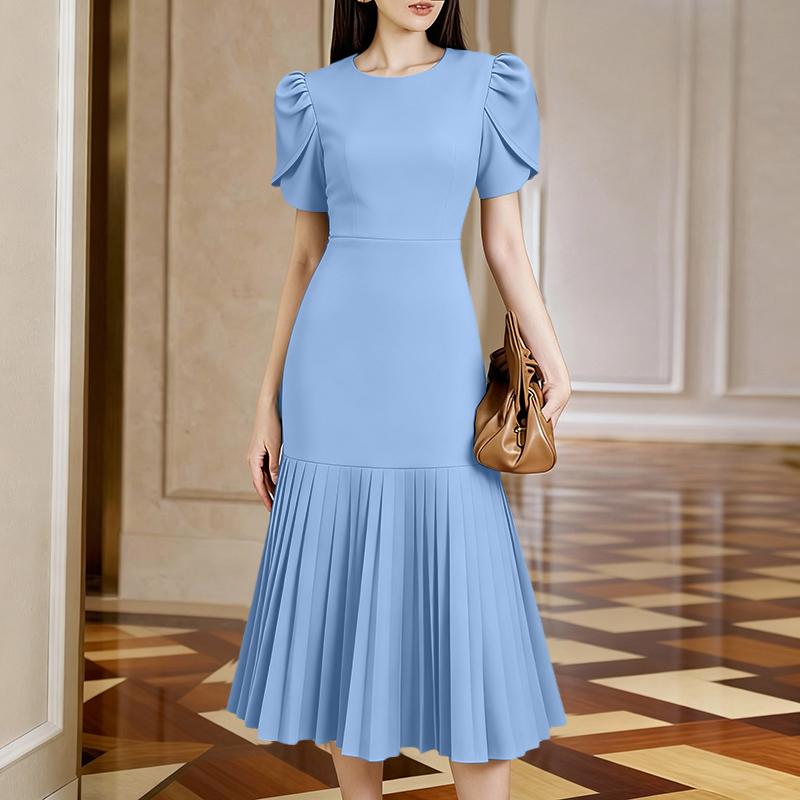 ZANZEA Women Casual Round Neck Short Sleeve Pleated Dress
