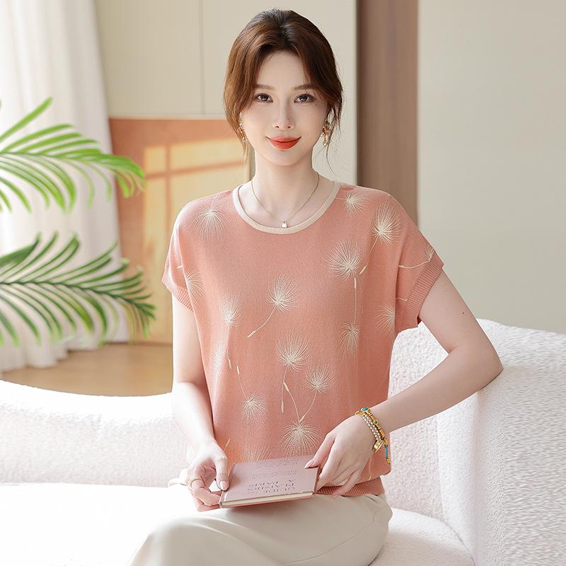 Elegant Ice Silk Knitted Cardigan T-shirt for Middle-Aged Women
