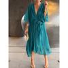 2026 New Plus Size Women's Solid Color Tie-Waist Long Dress with Bat Sleeves and Asymmetrical Hem