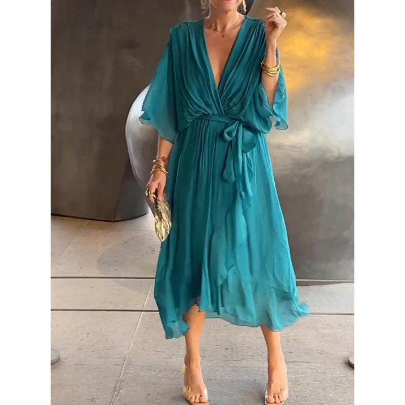 2026 New Plus Size Women's Solid Color Tie-Waist Long Dress with Bat Sleeves and Asymmetrical Hem