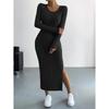 Fall Winter Women's Long Sleeve Crew Neck Slit Maxi Knit Dress, In Stock For Crossborder European American Size, Casual Long Dress For Women
