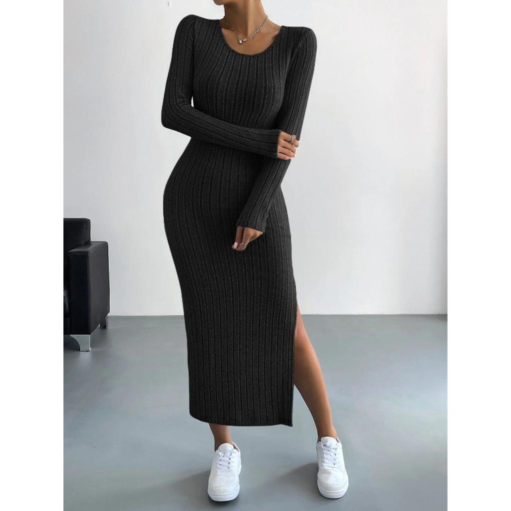 Fall Winter Women's Long Sleeve Crew Neck Slit Maxi Knit Dress, In Stock For Crossborder European American Size, Casual Long Dress For Women