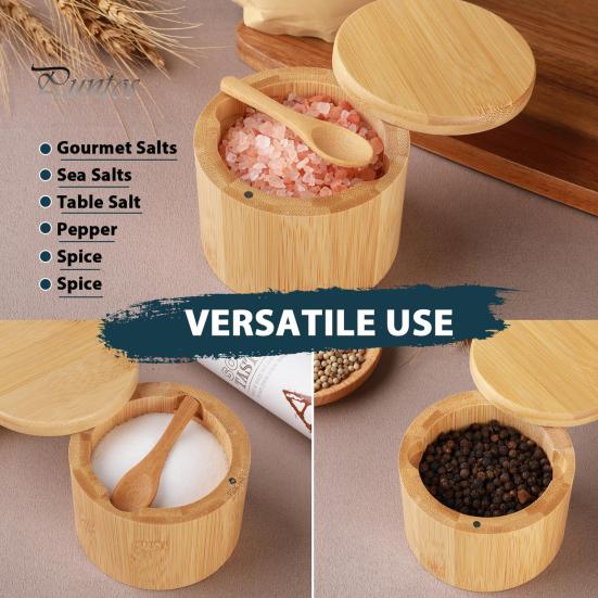 Reusable Wooden Seasoning Box Wood Salt Container with Swivel Magnetic Lid, Built-in Spoon Decorative Spice Keeper Jar, Moisture Proof for Kitchen