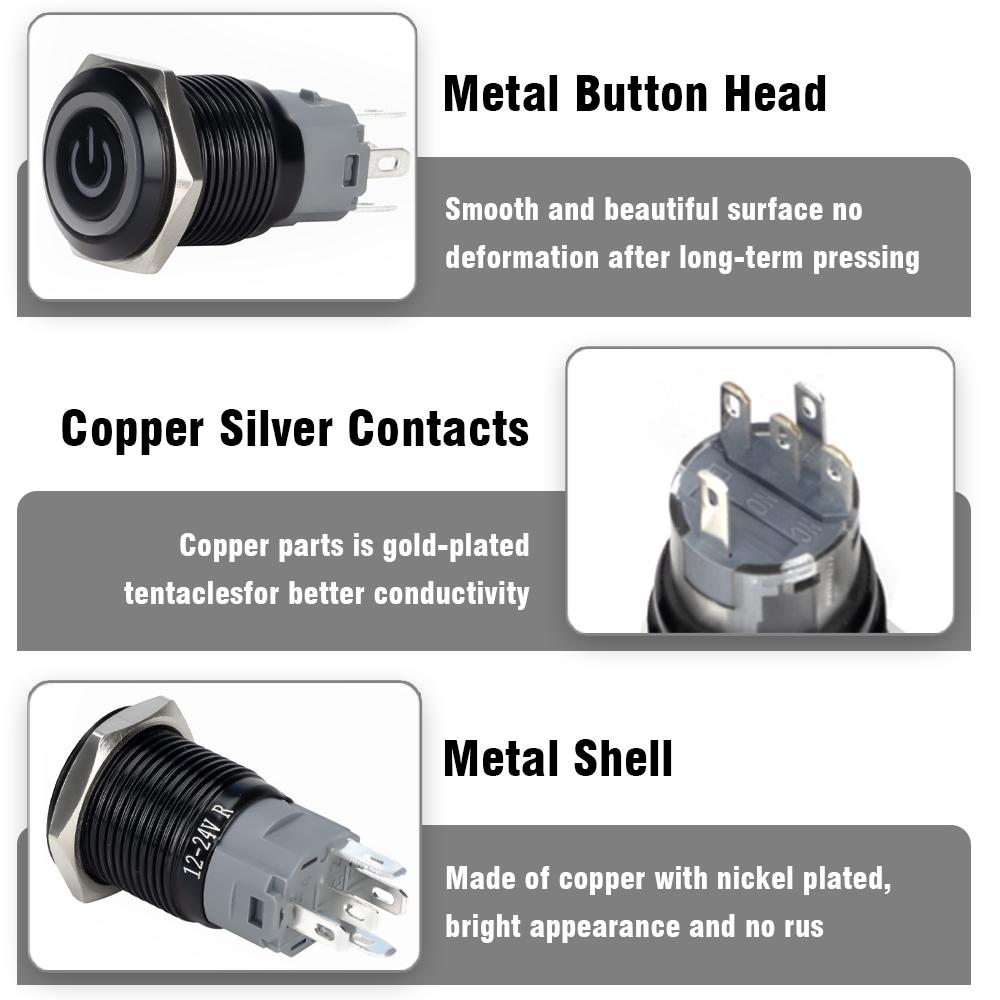 12/16/19/22mm Waterproof Metal Push Oxidized Black Button Switch LED Light Momentary Latching Car Engine Power Switch 5V 12V 24V