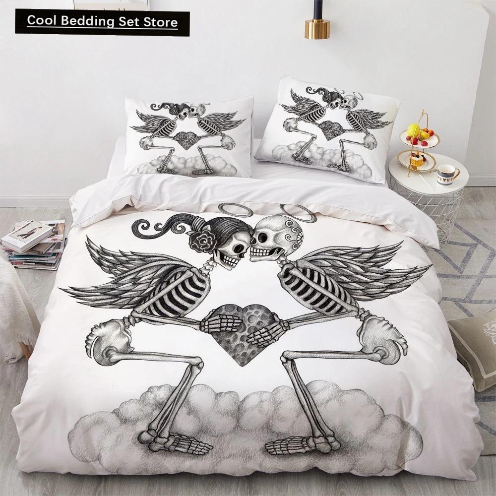Skull Couple King Queen Duvet Cover Skeleton Bride Bedding Set Halloween White 23pcs Soft Quilt Cover for Kids Teens Adults