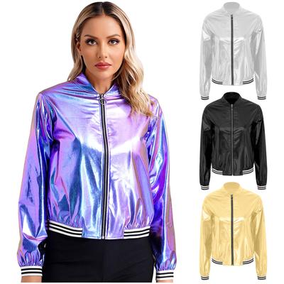 Women's Holographic Jackets Long Sleeve Shiny Party Metallic Jacket Baseball Coat