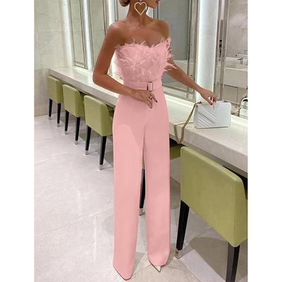 Womens Sexy Bandeau Feather Romper Long Pants Cocktail Party Jumpsuit Playsuit