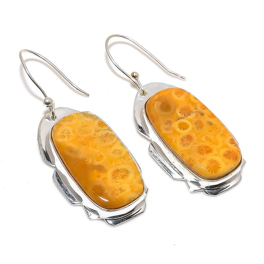 Fossil Coral Gemstone Handmade 925 Sterling Silver Jewelry Earring 2.09" SU-10142