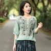 Women's Summer Retro Embroidery V-neck T-shirt Literary Loose Cotton and Linen Plus Size Breathable Shirt