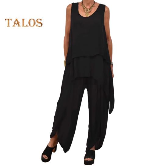 

Комплект из двух предметов для женщин, повседневный безрукавный асимметричный топ с широкими брюками, свободный домашний костюм на лето S чёрный