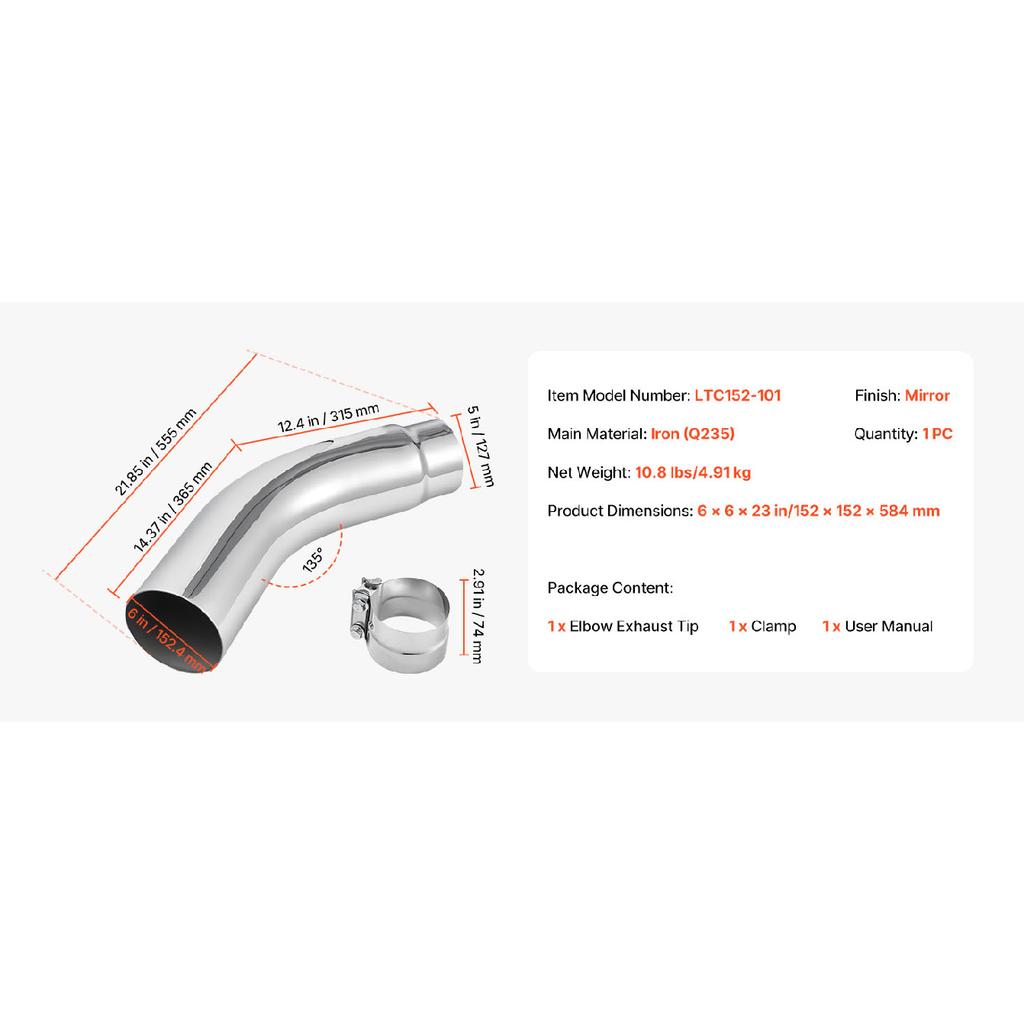 SucceBuy Elbow Exhaust Tip Chrome Turn Down Exhaust Tip w/ Clamp for Truck Car Chrome Structure for High Temperature Resistance