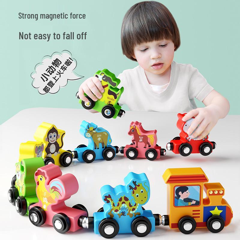 Wooden Montessori Puzzle: Magnetic Train with Numbers, Zodiac Signs, Letters & Fruits for Early Education and Brain Training